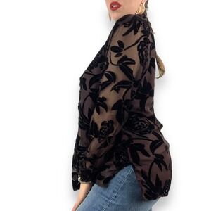90's brown silk button down blouse with black velvet roses and sheer sleeves